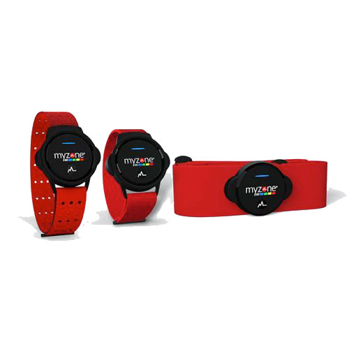 MZ switch exercise trackers with red wrist band and black watch face.