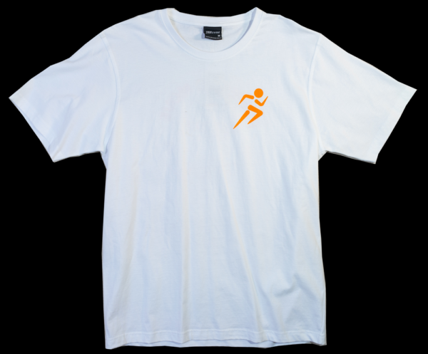 Basic white t-shirt with orange power to move logo in the top right corner.