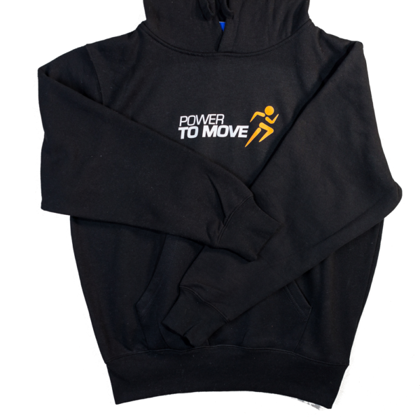 Black hoodie with orange logo and black words saying 'power to move'.