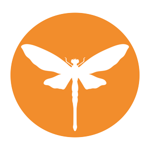 Orange circle with white dragonfly.