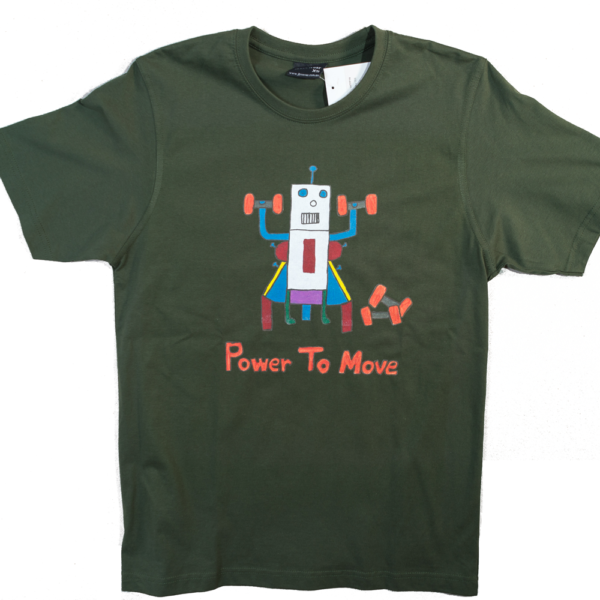 Khaki green t-shirt with a colourful robot on it lifting weights.