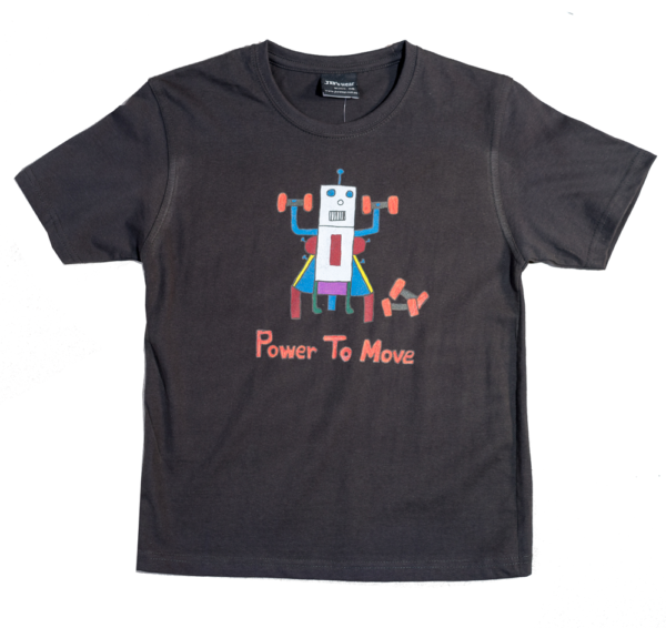 Black kids t-shirt with a hand drawn robot lifting weights.