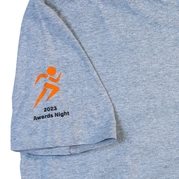 Grey t-shirt sleeve with orange lower and the words '2023 awards night'.