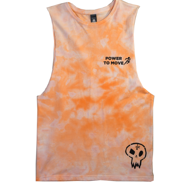 Tie dye orange singlet with black 'power to move' logo on the right chest and skull at the bottom.