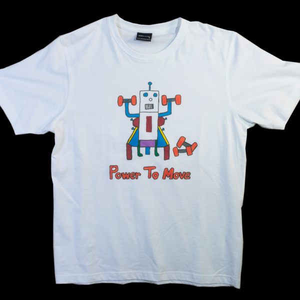 White t-shirt with a colourful robot on it lifting weights.