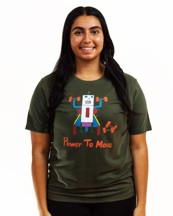 Woman wearing green Power to Move robot T-Shirt.